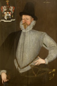 Oil painting on panel, John Dutton of Dutton (d. 1608/9) previouslyy called ?Sir Piers Dutton of Dutton and Called Sir John Egerton,English School, inscribed top right: A o 1597 A portrait, shown wearing a slashed grey doublet. A coat of arms on the left : IEVON DROYT AVOYRE [?]
